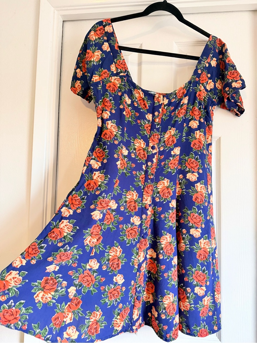 Vintage 90s Nostalgia Blue Rose Floral Button Front Mini Dress M